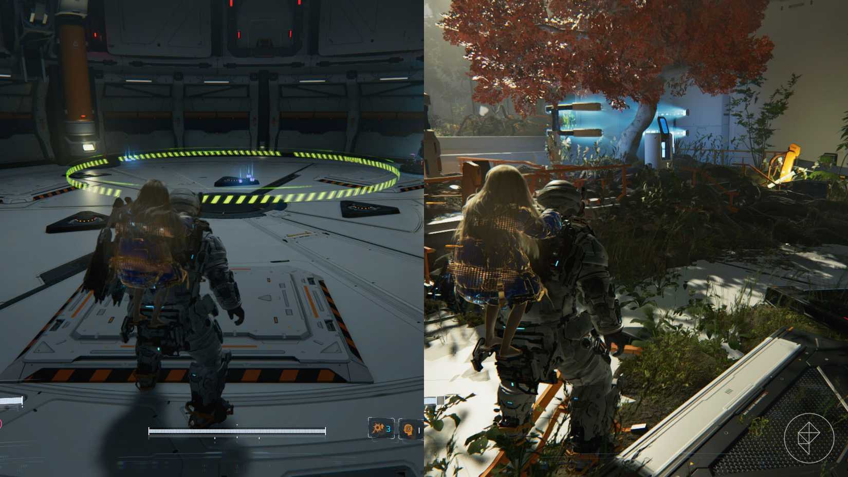 A man carrying a girl on his back looking at a yellow circle on the floor as well as a panel in front of a tree with orange leaves in Pragmata.