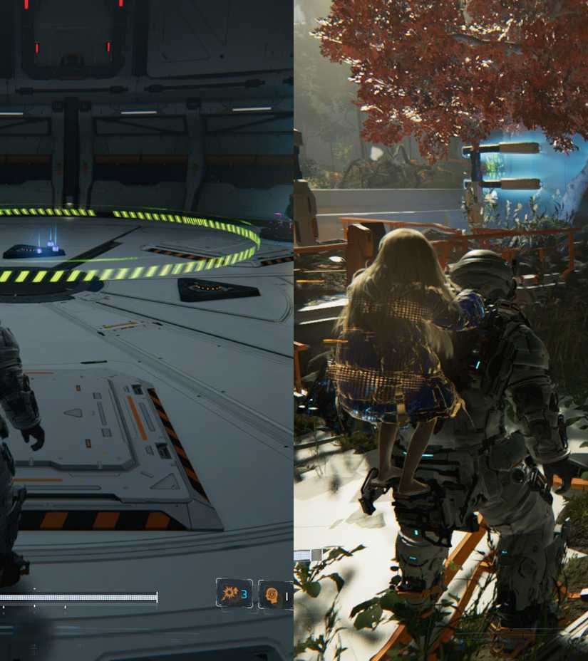 A man carrying a girl on his back looking at a yellow circle on the floor as well as a panel in front of a tree with orange leaves in Pragmata.