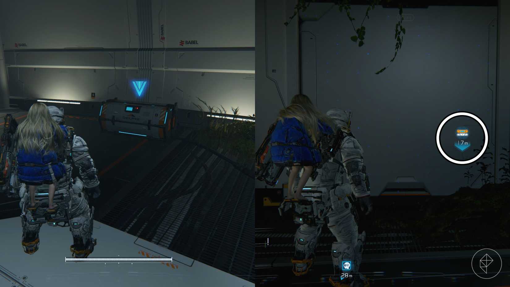 A man carrying a girl on his back looking at a chest and a white wall with blue markings in Pragmata.