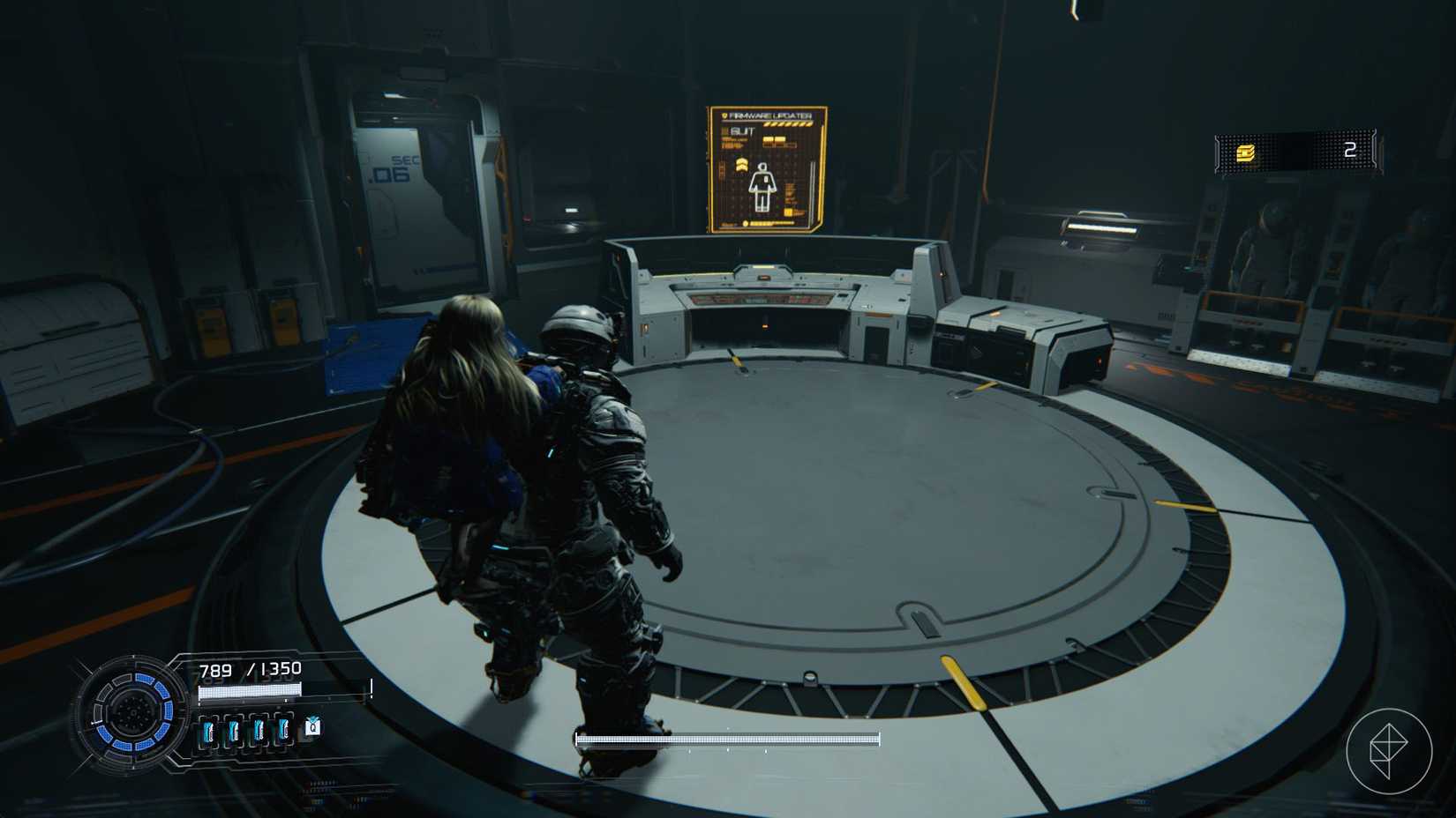 A man standing in front of a desk with a holographic screen in Pragmata.