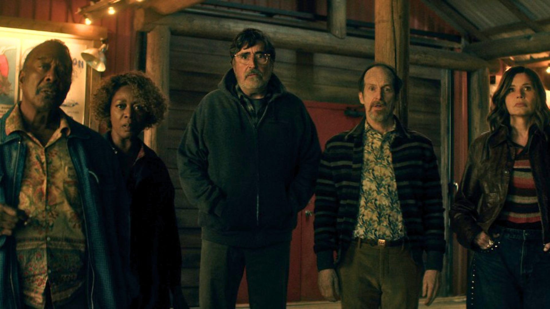 An image featuring characters from The Boroughs. There are five characters altogether, and they stand in a line, looking mildly perturbed at what's in front of them.