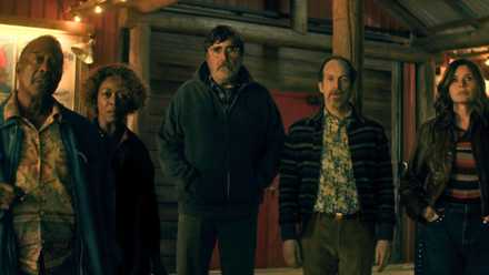 An image featuring characters from The Boroughs. There are five characters altogether, and they stand in a line, looking mildly perturbed at what's in front of them.