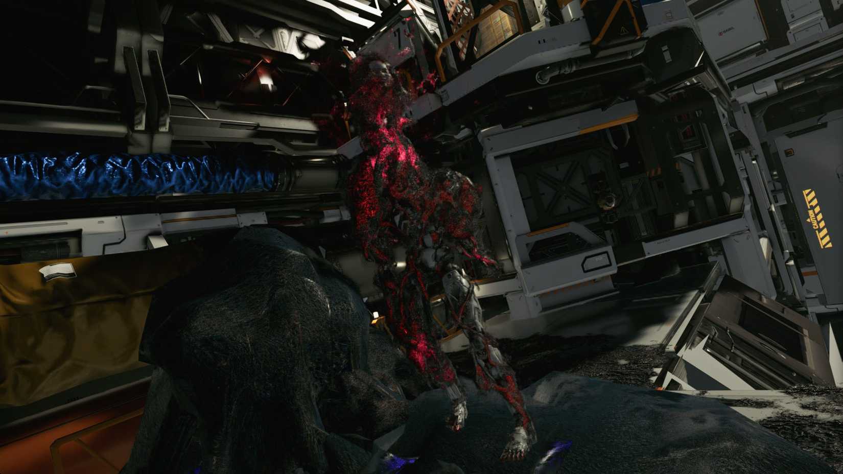 A robot covered in red and black goop in a futuristic building in Pragmata.