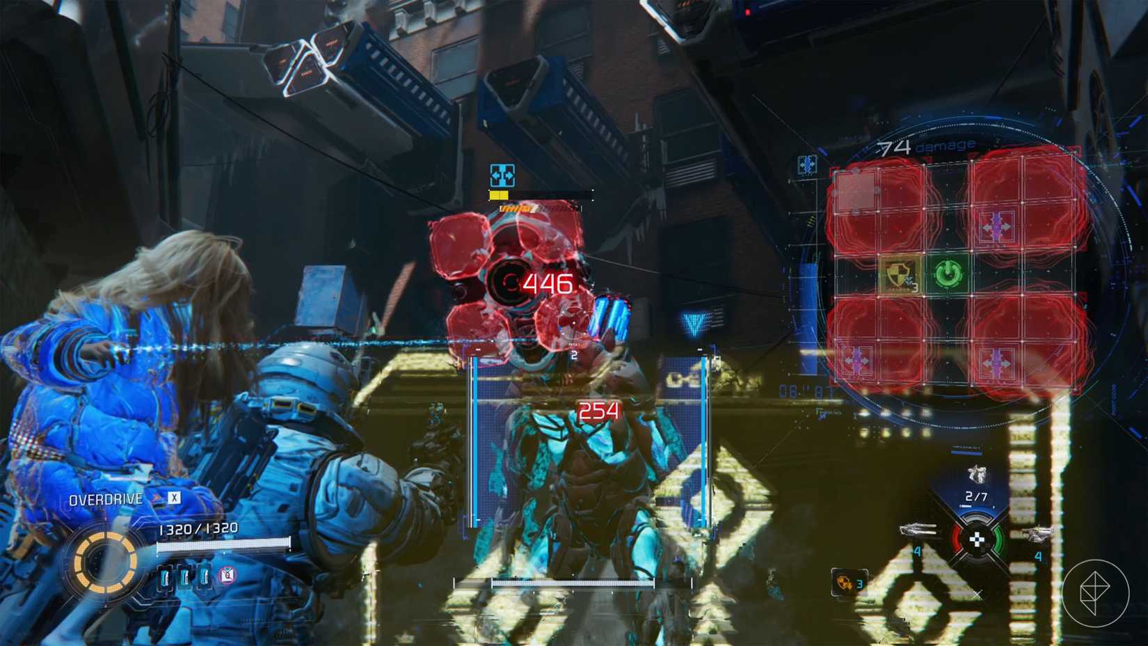 A man carrying a girl on his back while fighting against a large humanoid robot with red squares covering its face in Pragmata.