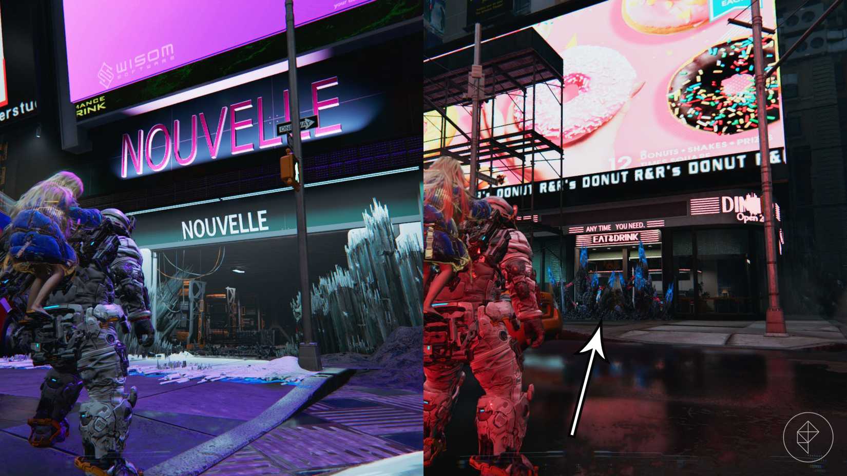 A man carrying a girl on his back standing in front of a building with a "Nouvelle" sign and another building with a huge electric billboard with donuts on it in Pragmata.
