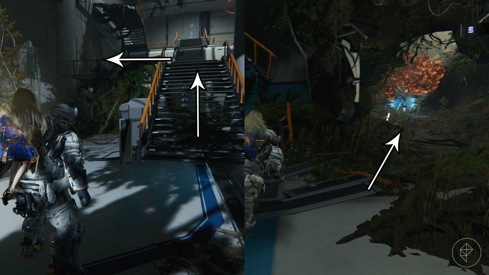 A man carrying a girl on his back looking at a stair case and a tree with orange leaves in the distance in Pragmata.