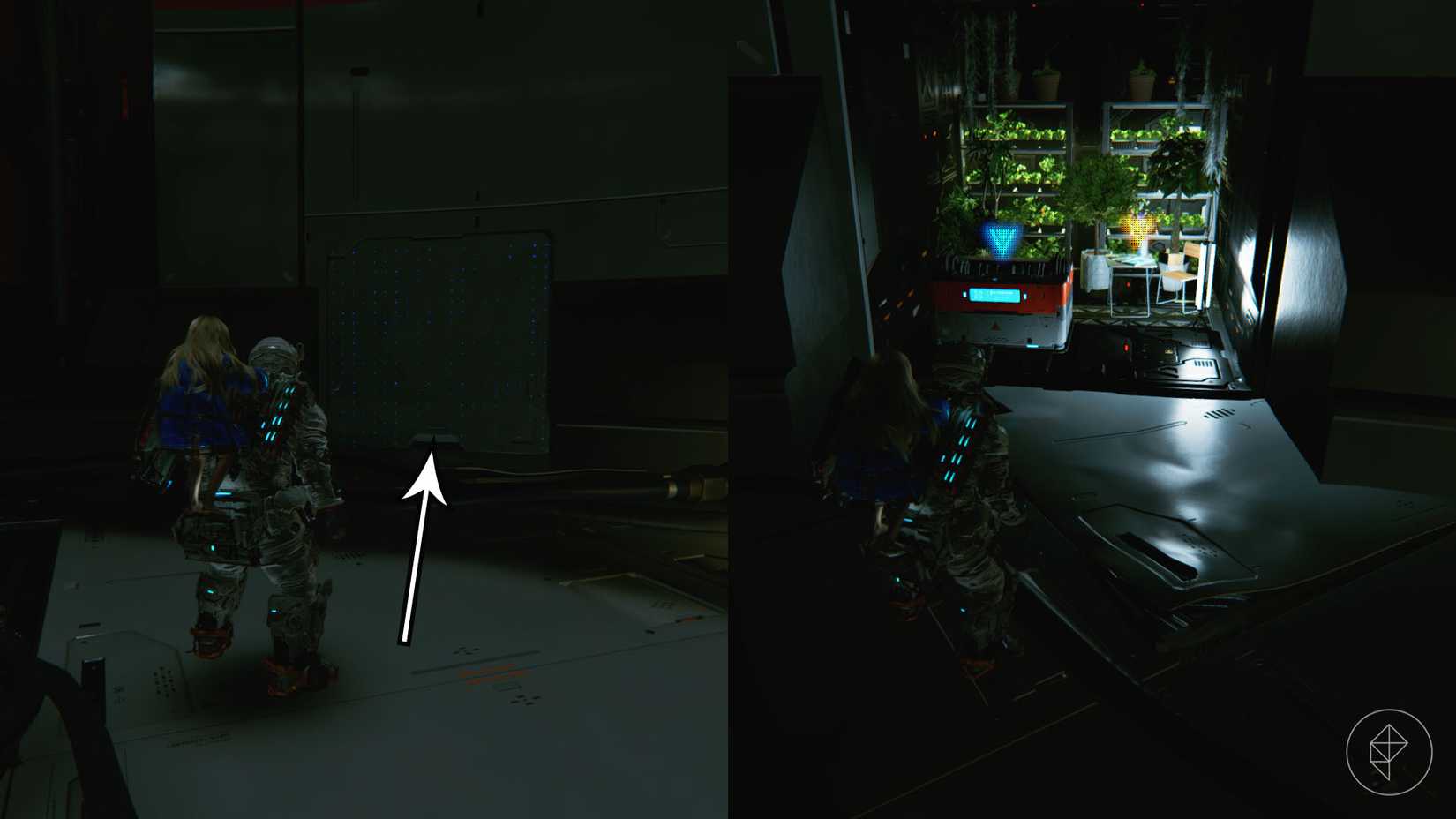 A man carrying a girl on his back looking toward a wall with blue markings and a chest that is hidden behind it.