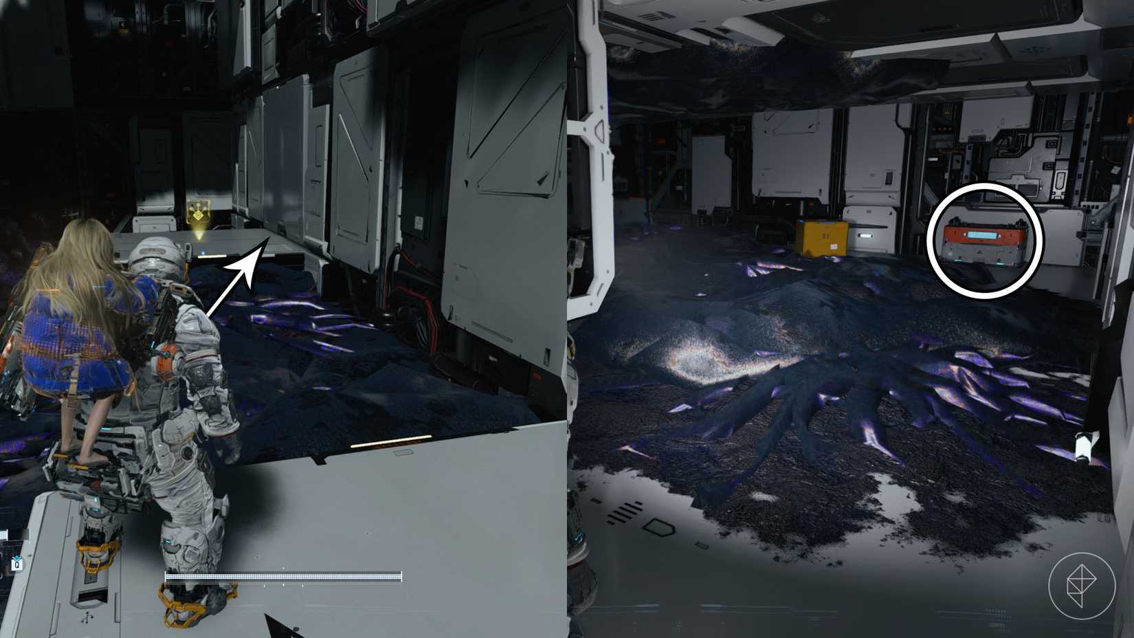 A man carrying a girl on his back standing on a platform on top of black goop in Pragmata.