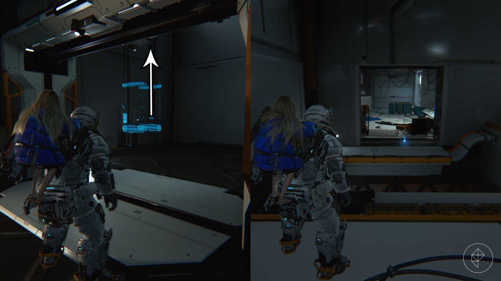 A man carrying a girl on his back standing in front of an elevator and a hole in the wall in Pragmata.