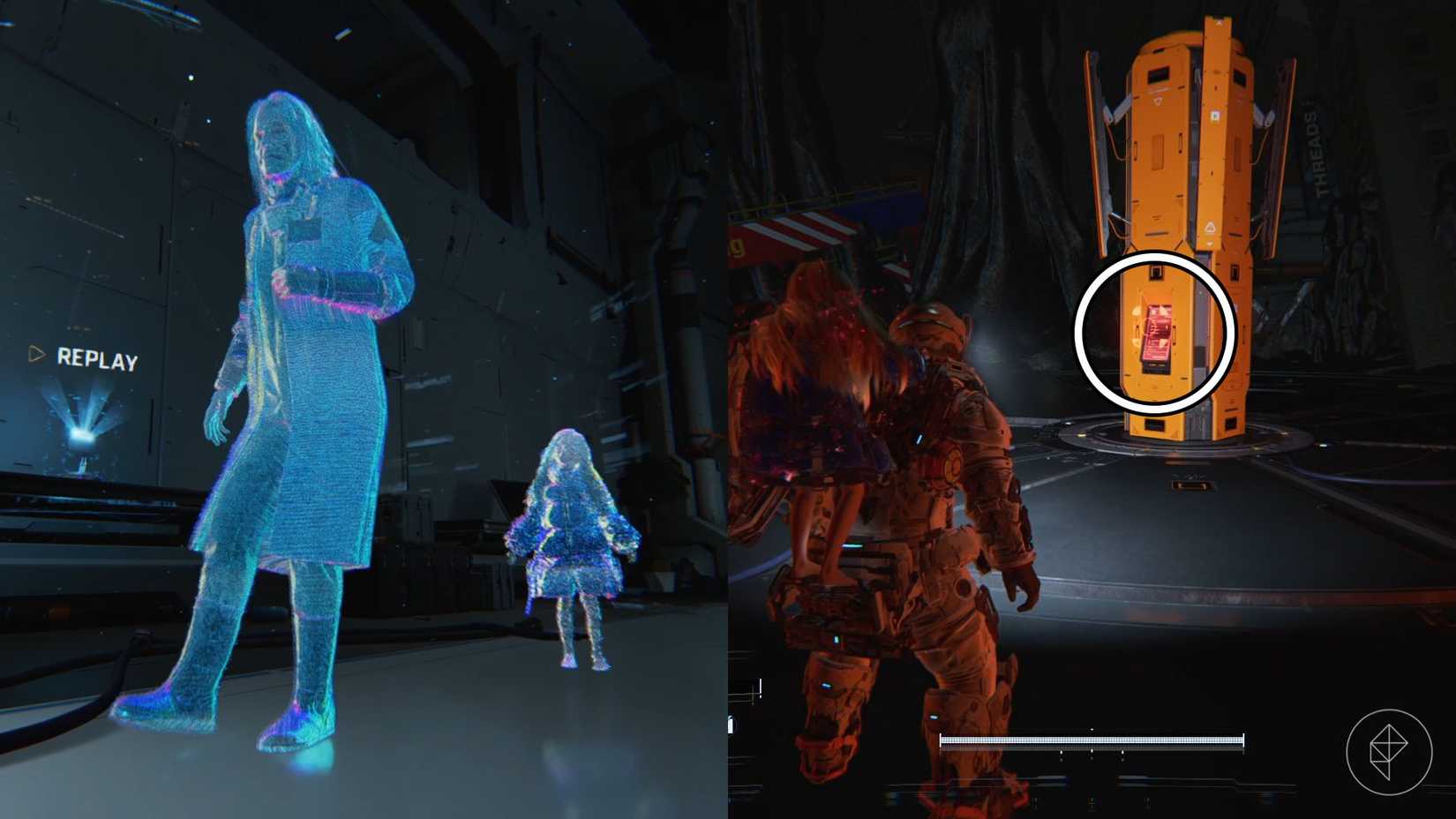 A holographic man and little girl along with a person in a space suit looking toward an orange pillar in Pragmata.