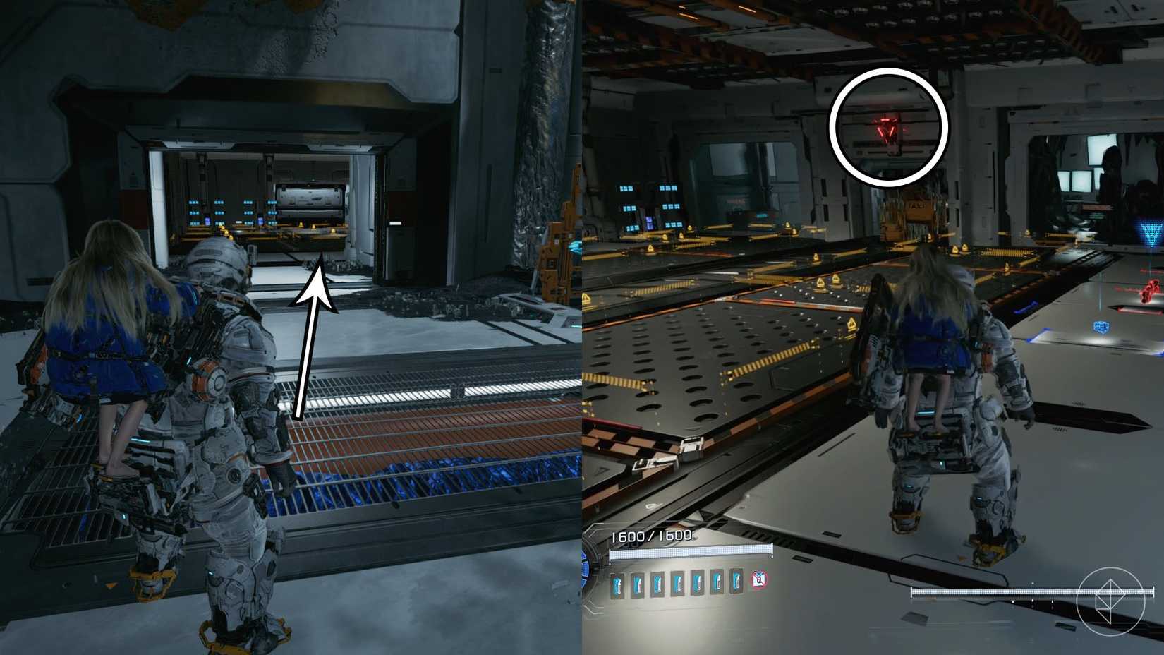 A man carrying a girl on his back entering a room with black and white flooring and a red light on the wall in Pragmata.