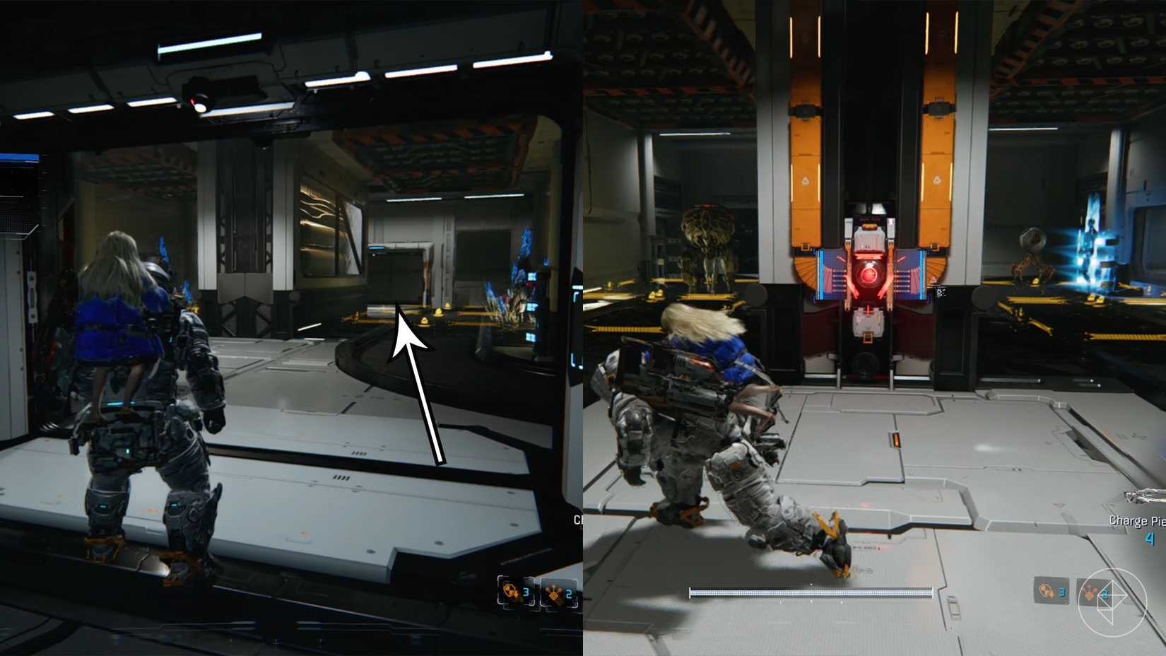 A man carrying a girl on his back heading into a room with yellow squares on the floor along with a white machine with red light.