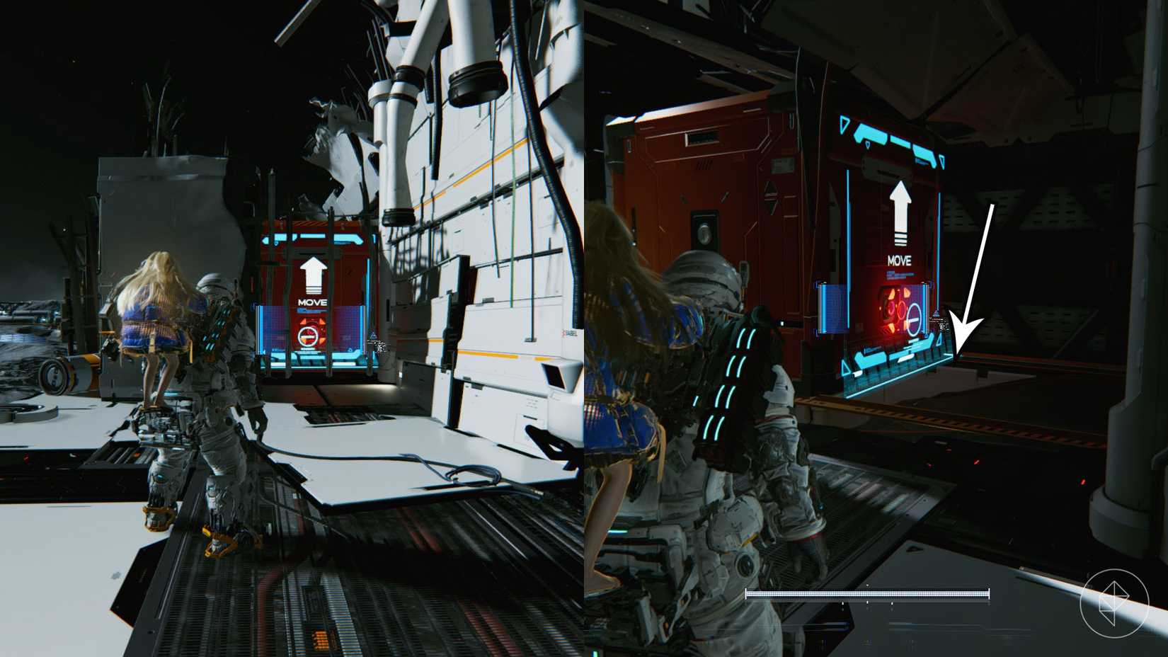 A man carrying a girl on his back looking toward two orange containers that have a large white arrow on them in Pragmata.