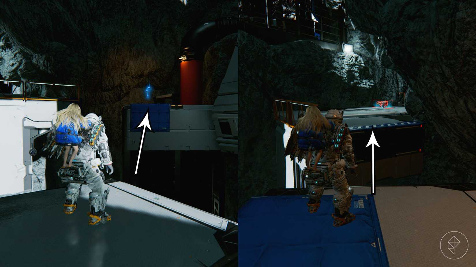 A man in a space suit looking toward a platform in the distance along with arrows leading the direction.