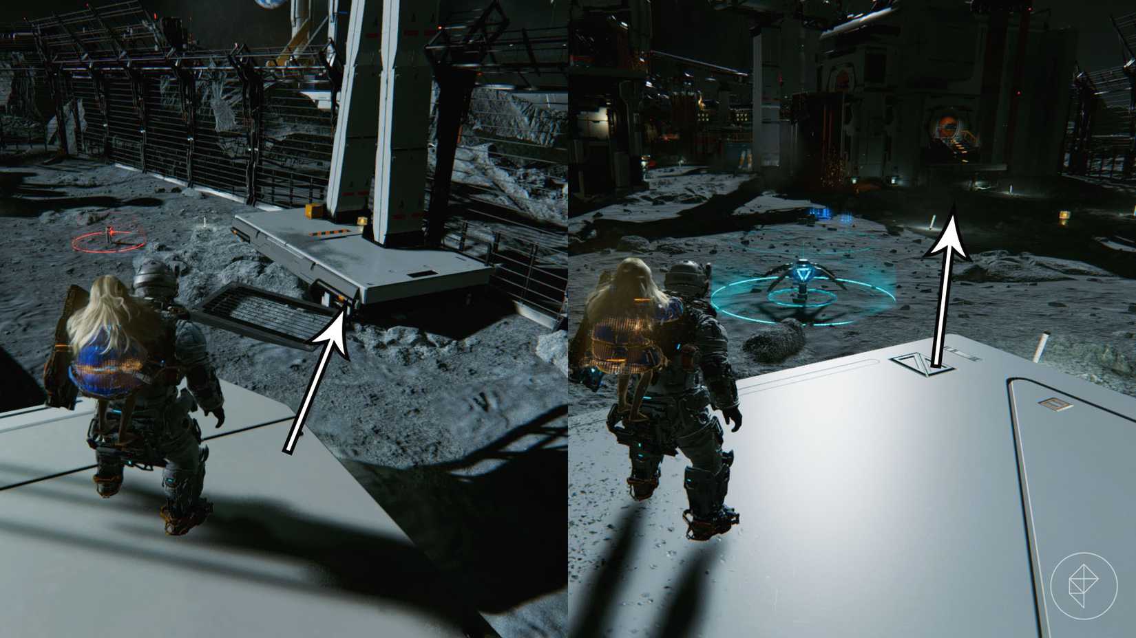 A man carrying a girl on his back looking toward a platform and an orange door in the distance in Pragmata.