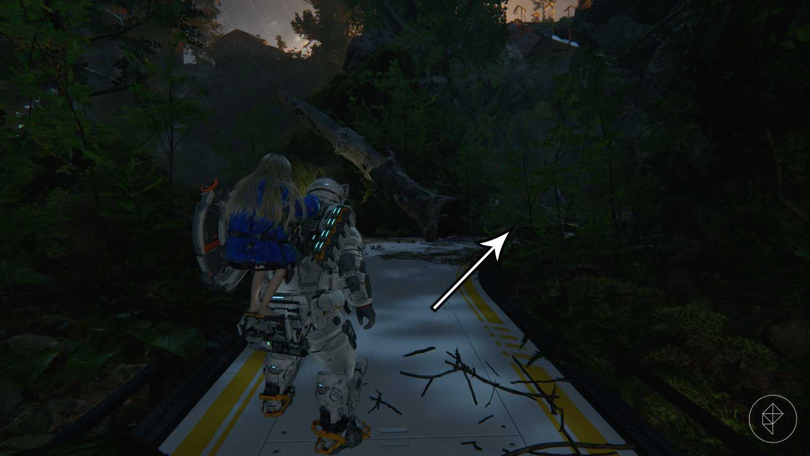 A man carrying a girl on his back walking down a white pathway into a wooded area in Pragmata.