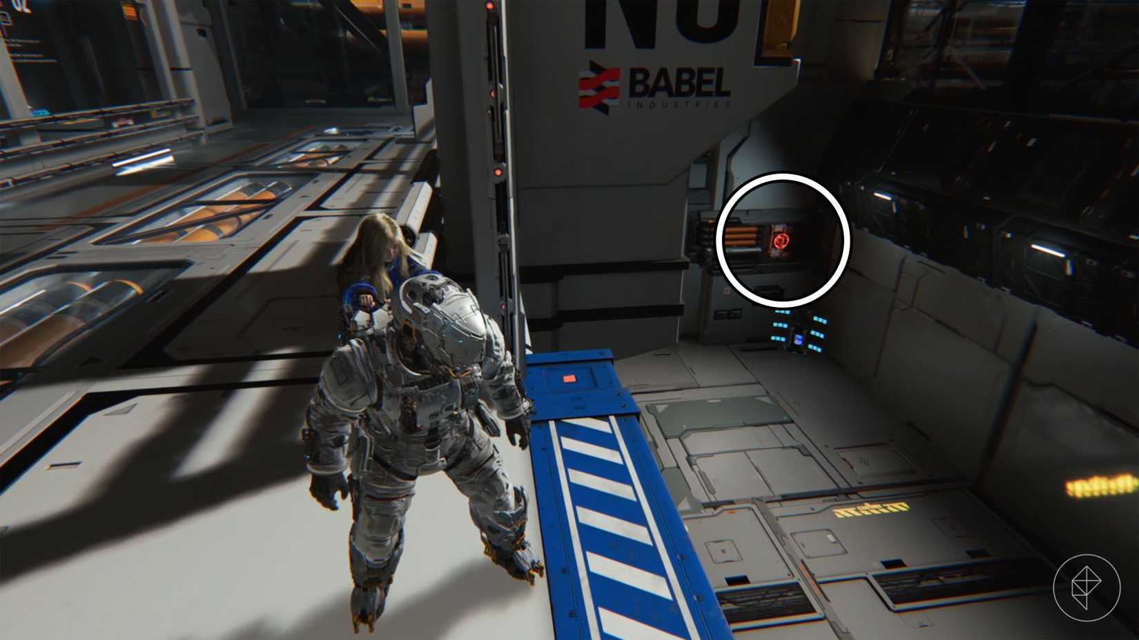 A person in a space suit carrying a girl on his back along with a circled red ring in the background.