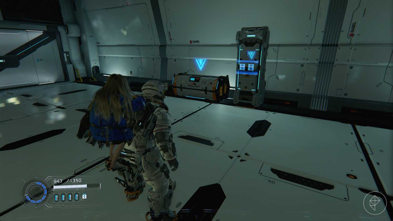 A man standing in front of a white chest and a machine in a sleek metal hallway in Pragmata.