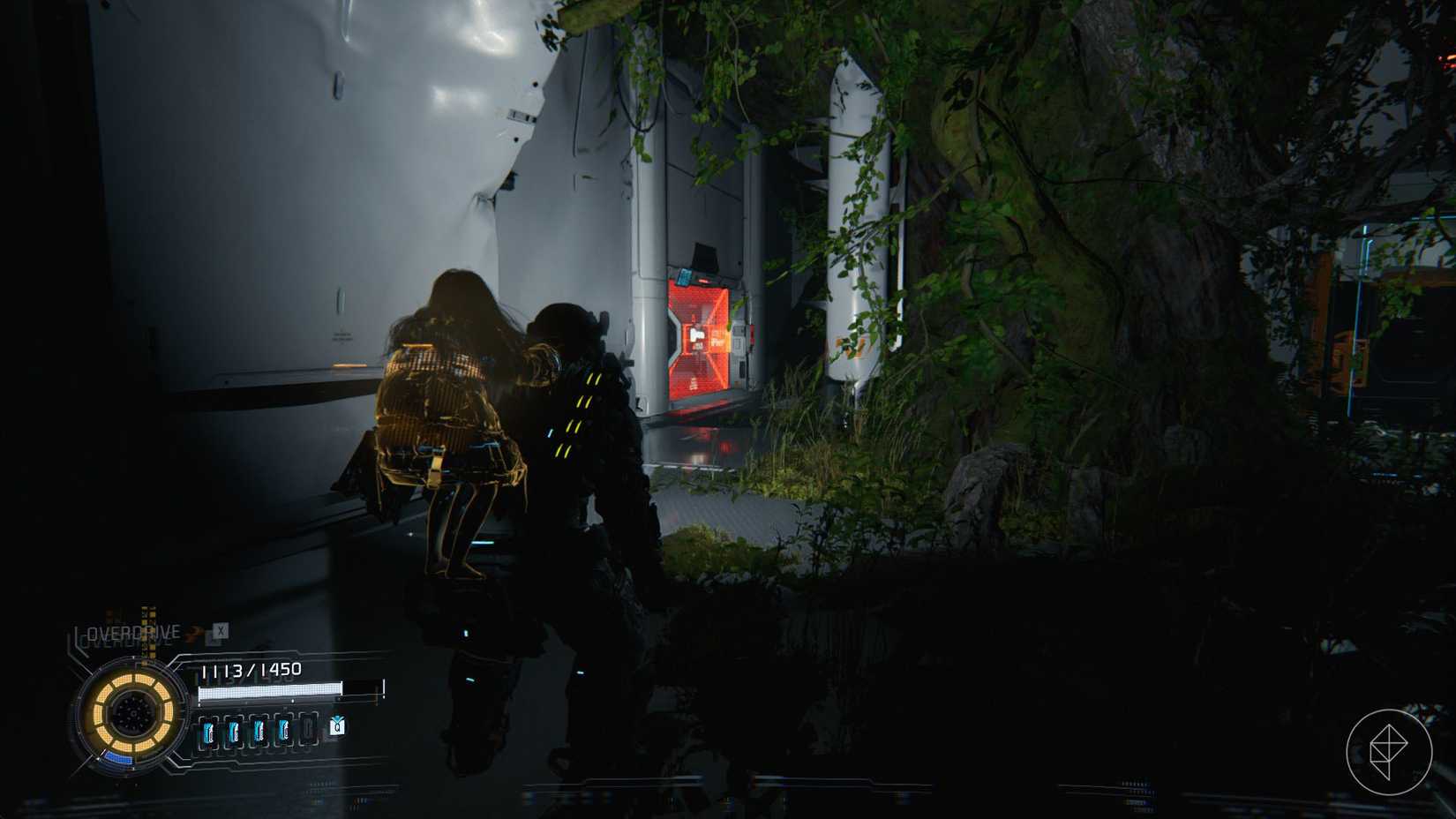 A man carrying a girl on his back looking toward a red doorway in Pragmata.