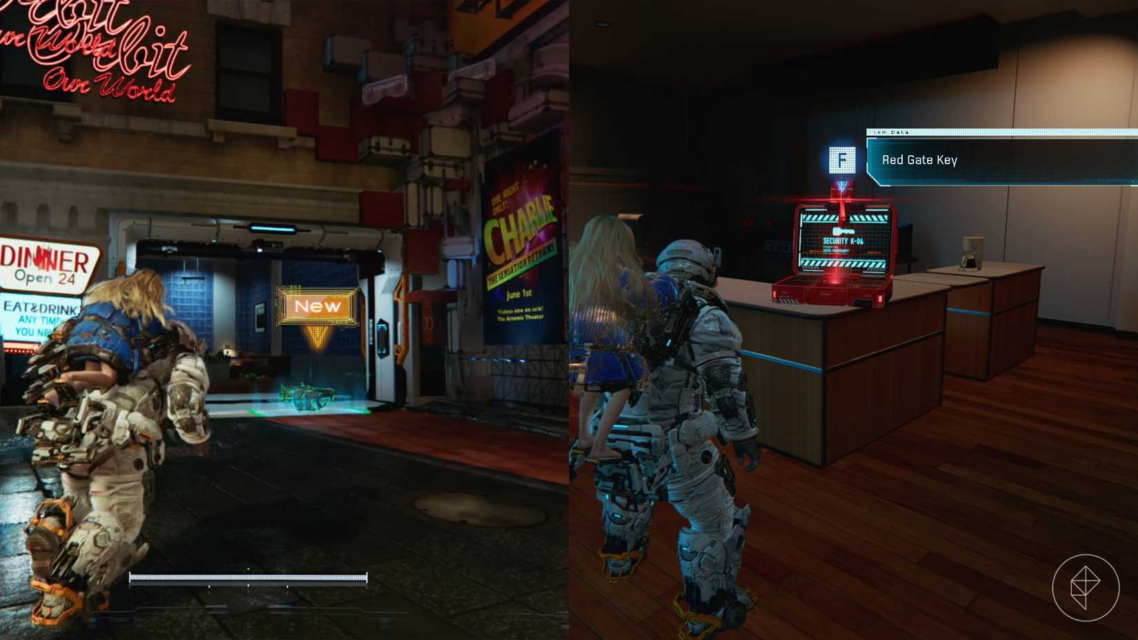 A man carrying a girl on his back walking toward a green gun on the floor and standing in front of a red brief case in Pragmata.