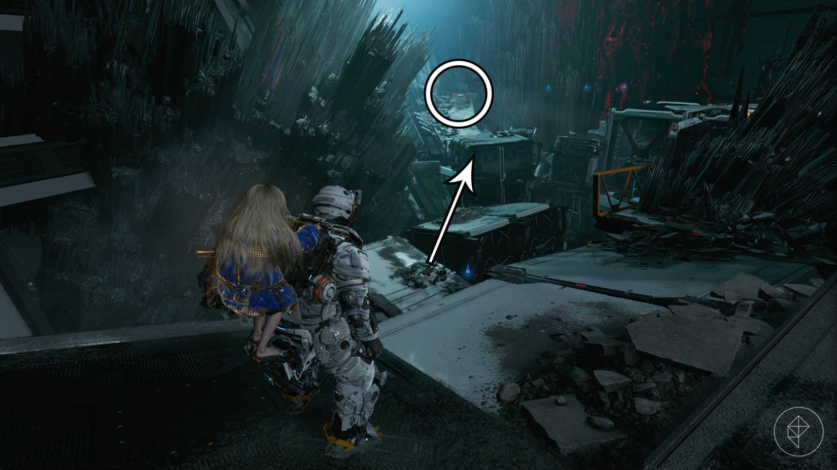 A man carrying a girl on his back looking toward a chest in a dark cave with spiky black material protruding out of the ground and walls in Pragmata.