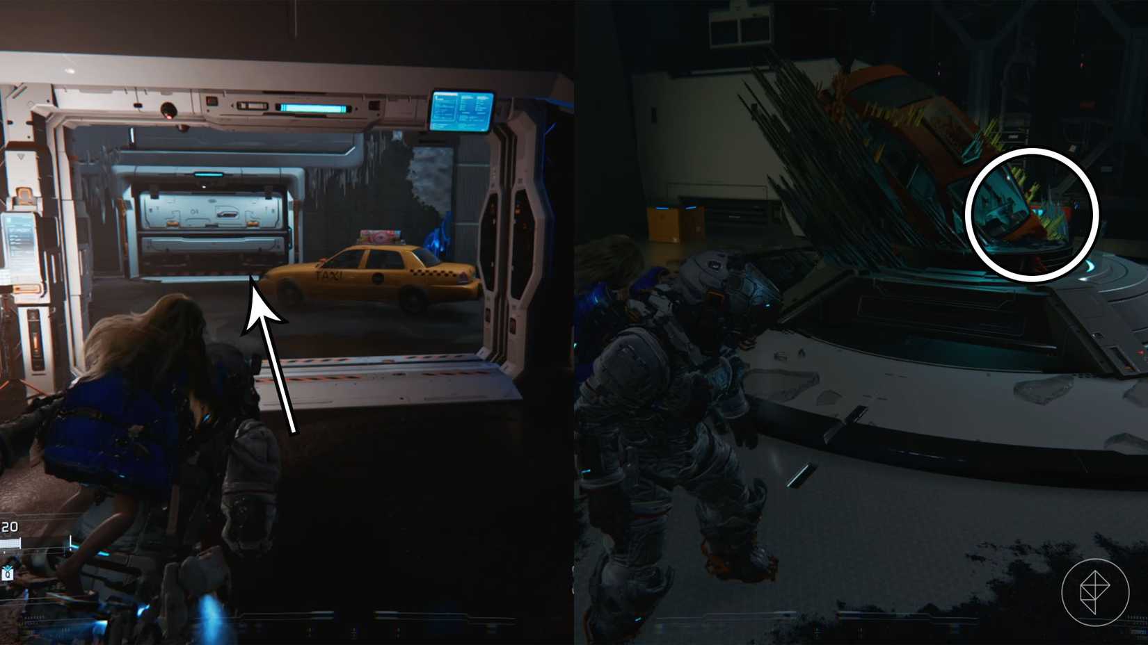 A man carrying a girl on his back heading toward a white door and standing in front of a taxi covered in spikes.