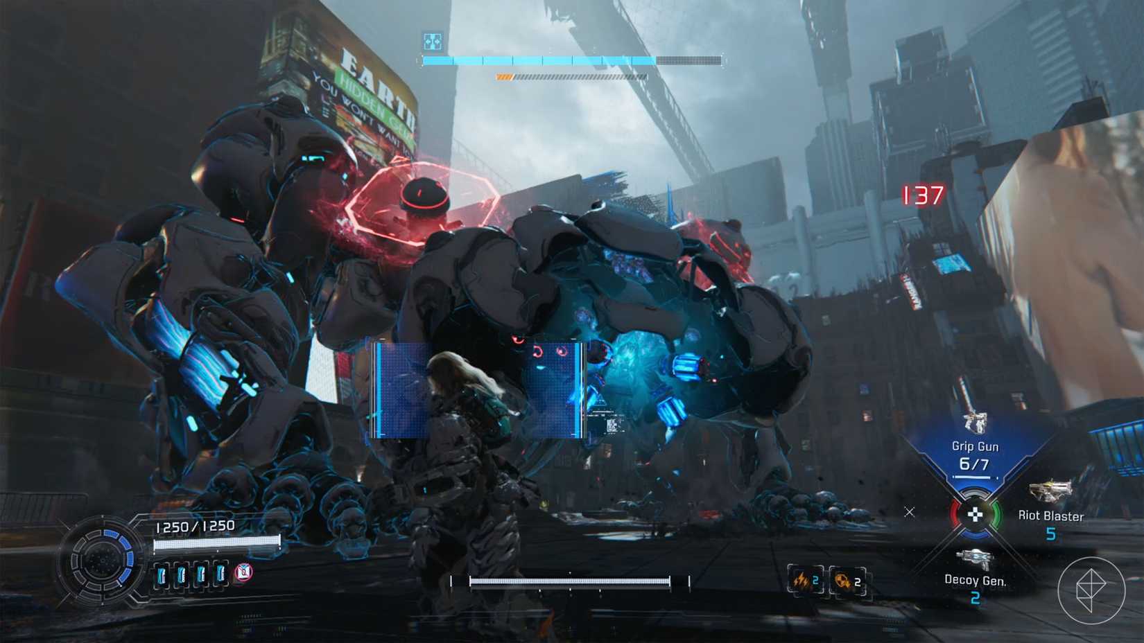 A gigantic white robot red shields on its shoulders in Pragmata.