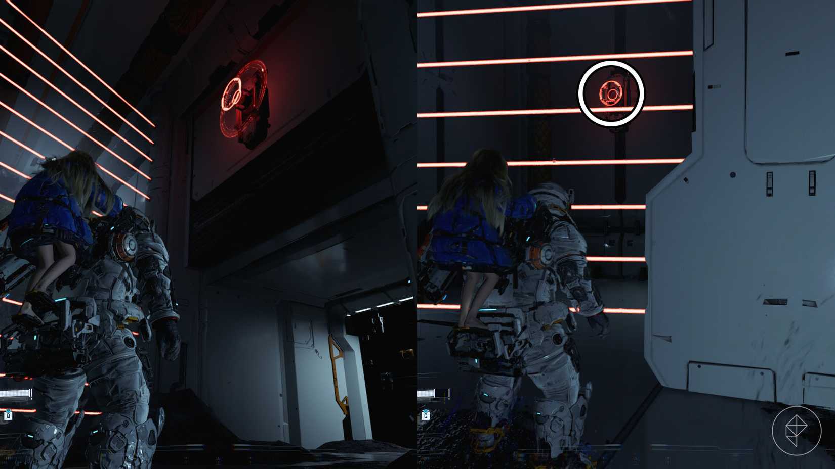 A man carrying a girl on his back looking at a machine with a red light on the wall and behind a wall of lasers in Pragmata.