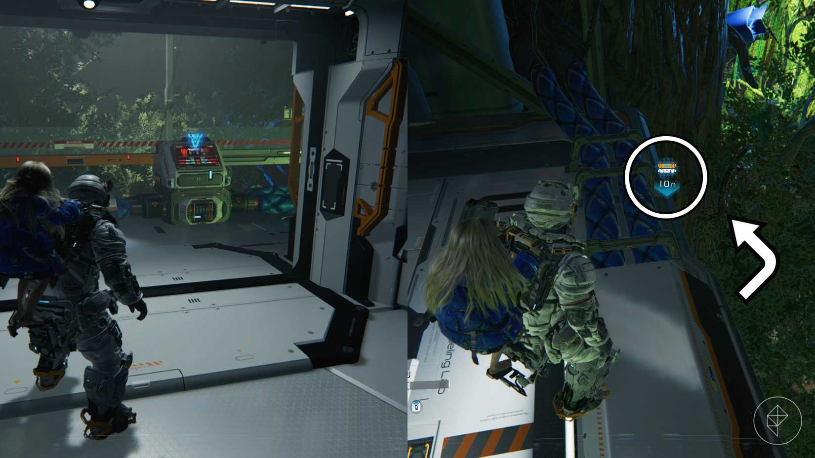 A man standing in front of a control panel and looking over the edge to see a symbol of a chest below in Pragmata.