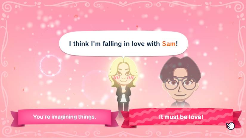 A blonde Mii talks about being possibly in love with a Mii named Sam in Tomodachi Life: Living the Dream.