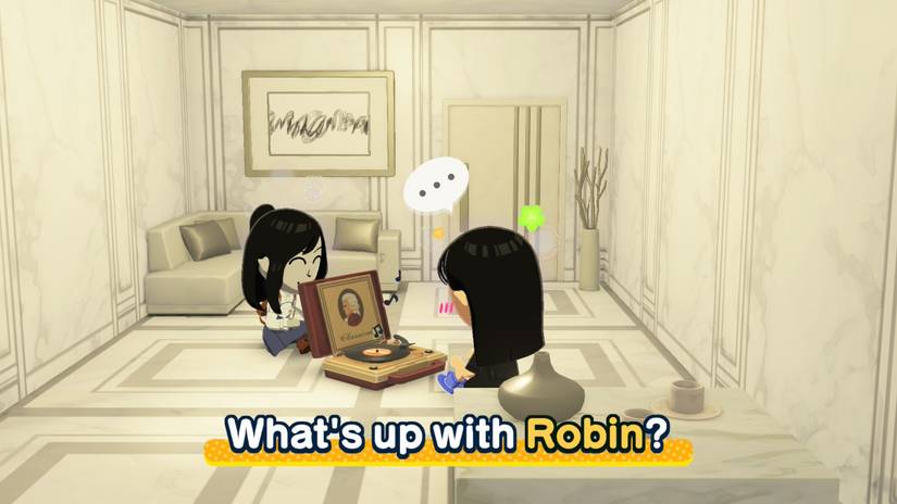 Dos mujeres Miis escuchan un álbum clásico en una habitación en Tomodachi Life: Living the Dream.