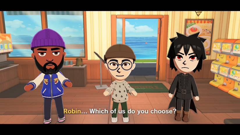 Three Miis approach Robin, asking who she picks to date in Tomodachi Life: Living the Dream.