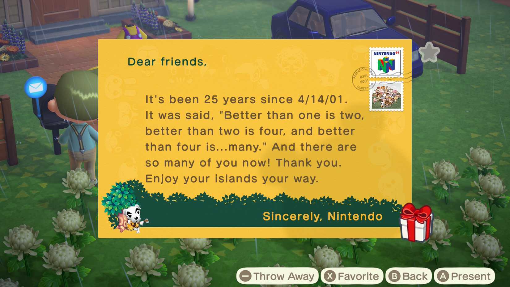 A letter from Nintendo in Animal Crossing: New Horizons