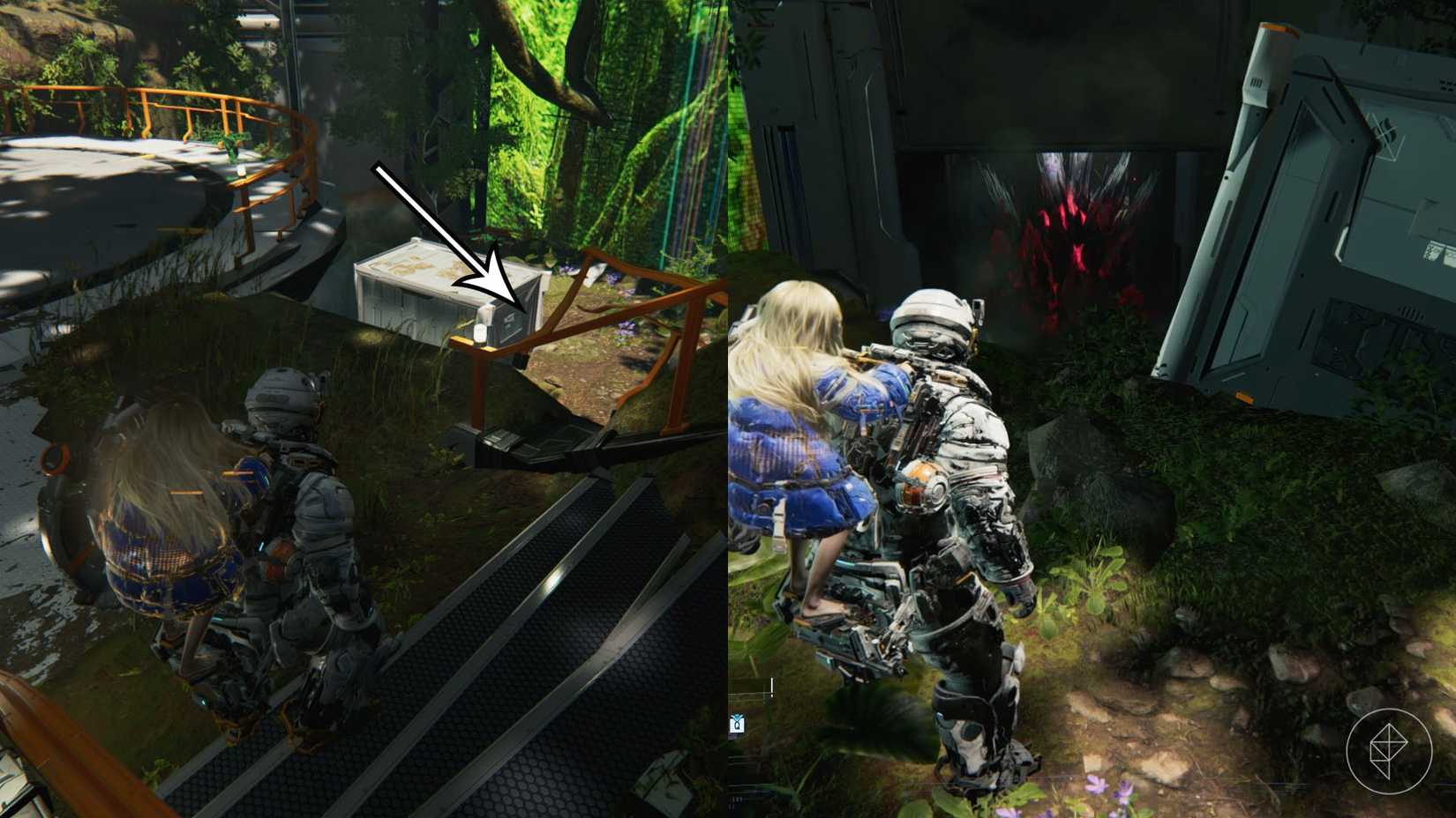 A man in a space suit carrying a girl on his back looking toward a hole in a railing and a red and black spike in Pragmata.