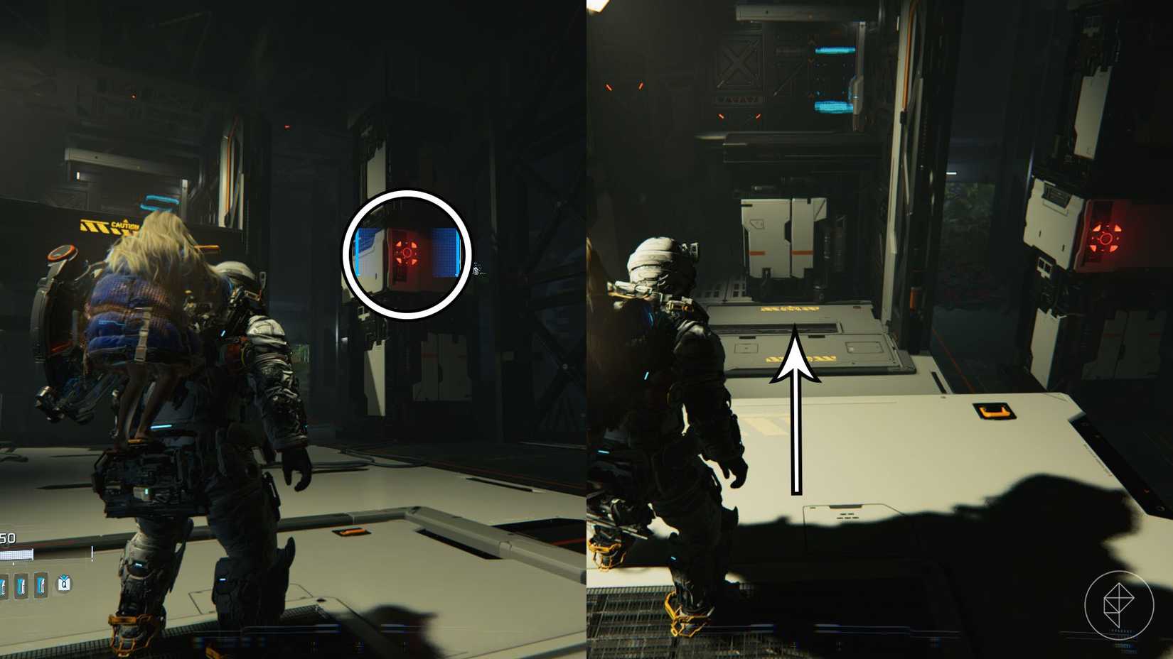 A man carrying a girl on his back looking toward a red light on a wall and standing on a platform in Pragmata.