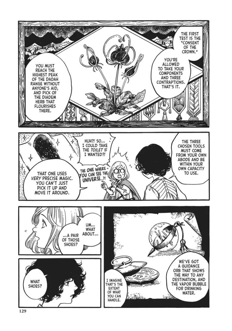 Um painel do Capítulo 3 do Witch Hat Atelier, onde Agott explica o julgamento para Coco