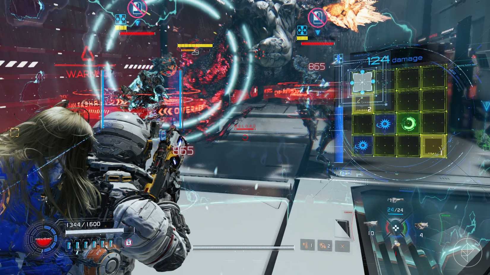 A man standing in a blue bubble while three large robots attack from the outside in Pragmata.