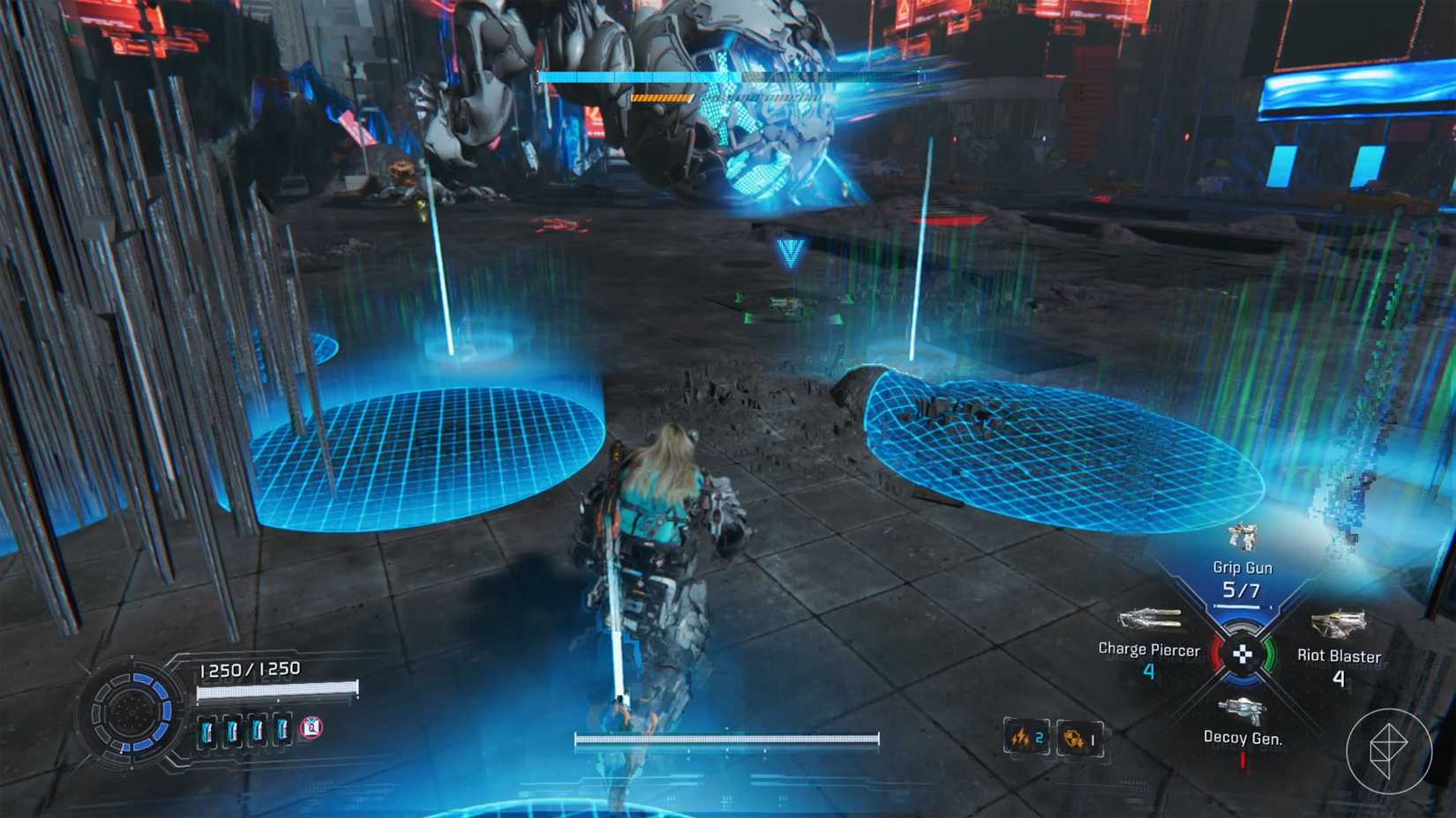 A man carrying a girl on his back walking around blue circles on the floor in Pragmata.