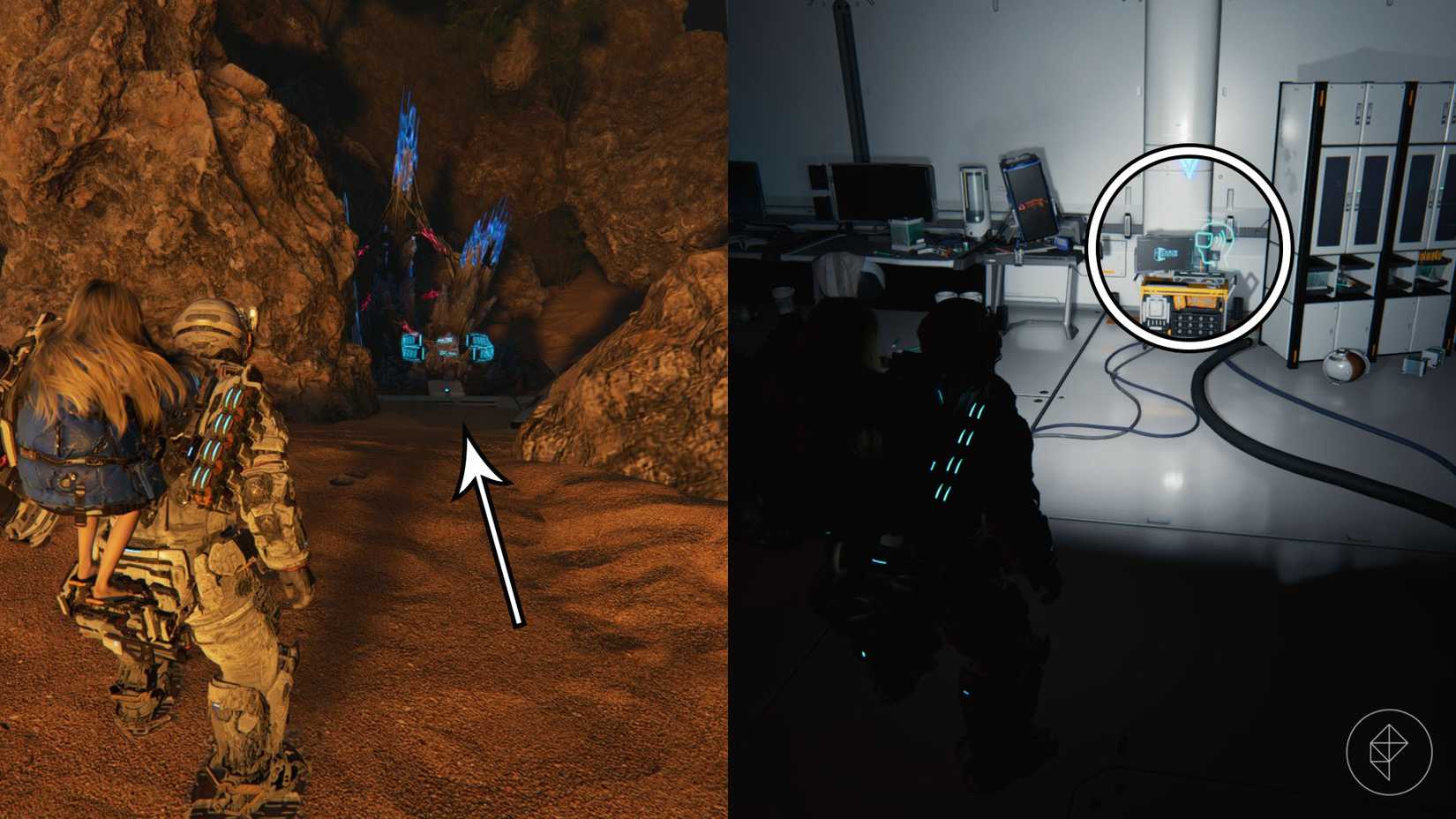 A man carrying a girl on his back looking toward large black and blue spikes and a tablet in a dark room in Pragmata.