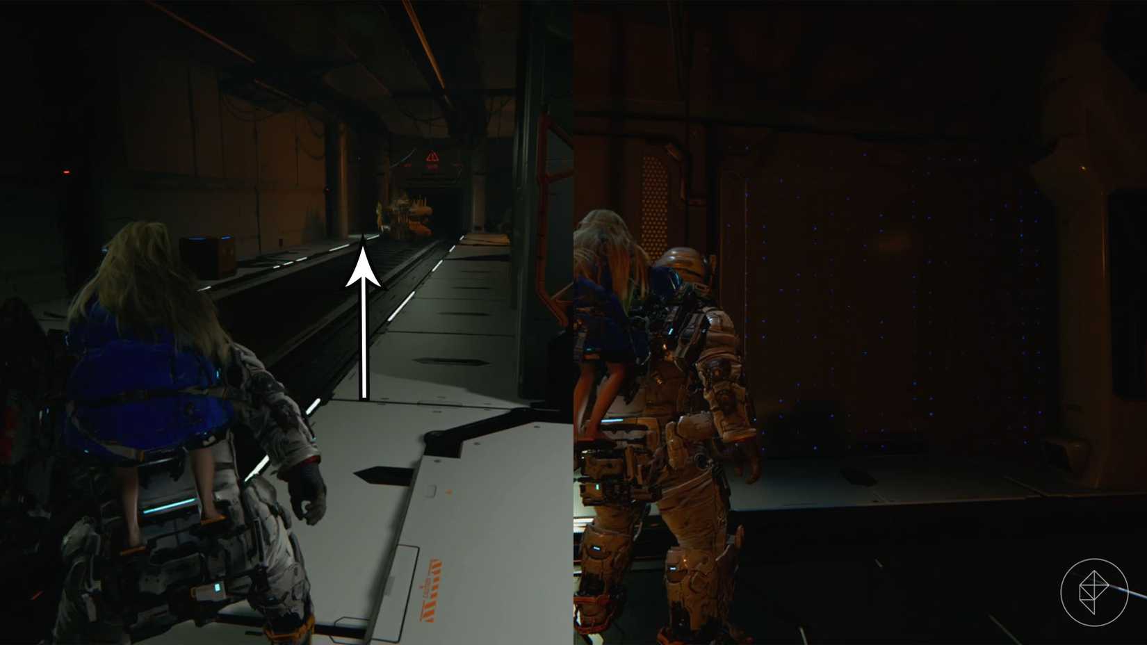 A man carrying a girl walking toward the end of a hallway where one of the wall tiles has dim blue lights in Pragmata.