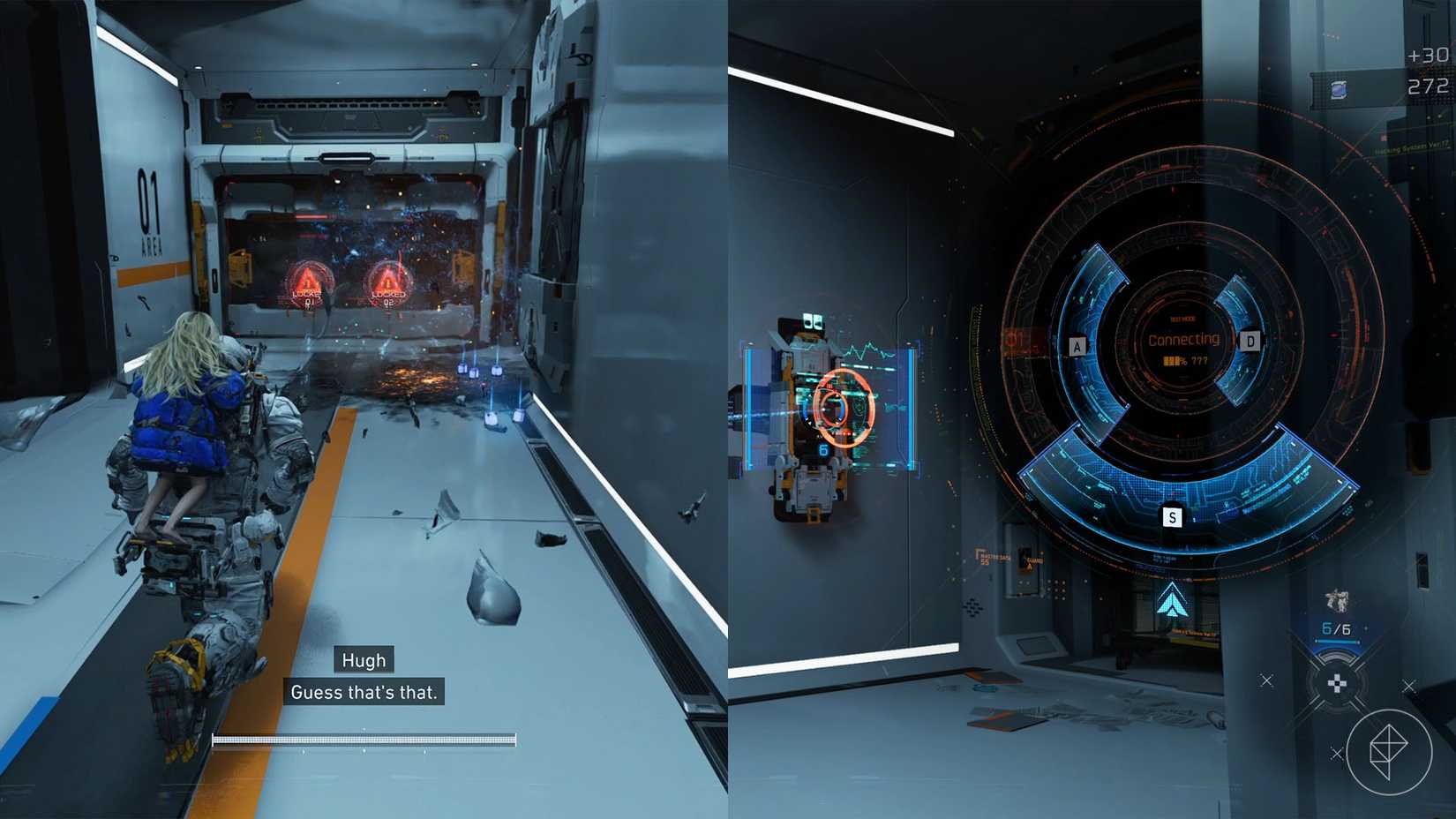 A man with a girl on his back standing in front of a locked door along with a terminal and a dial with letters on it in Pragmata.