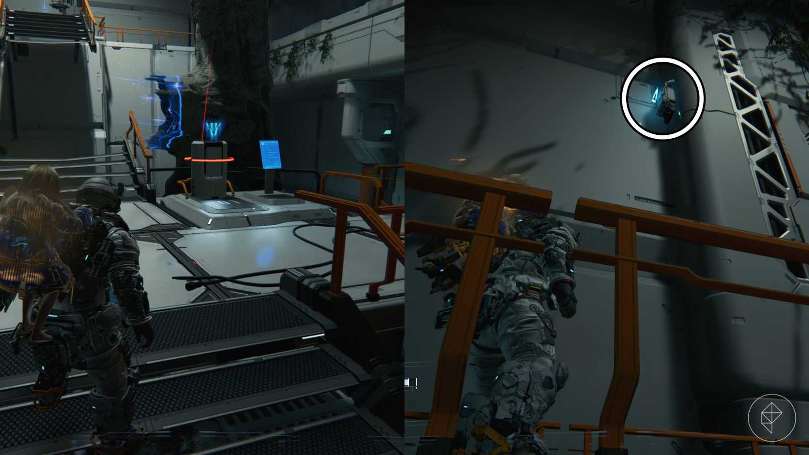 A man with a girl on his back looking at a machine and a terminal on a wall.