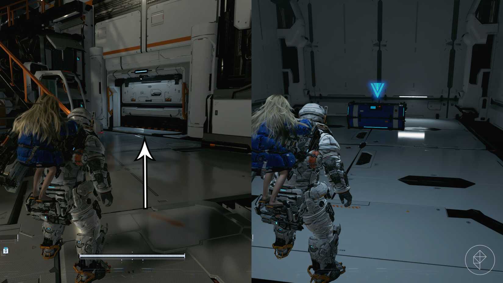 A man carrying a girl on his back looking toward a rectangular white door and a blue chest behind it in Pragmata.