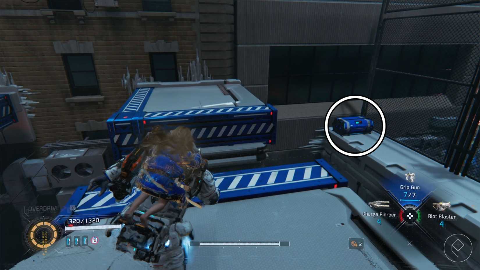 A man carrying a girl on his back heading toward a blue chest beside a fence in Pragmata.