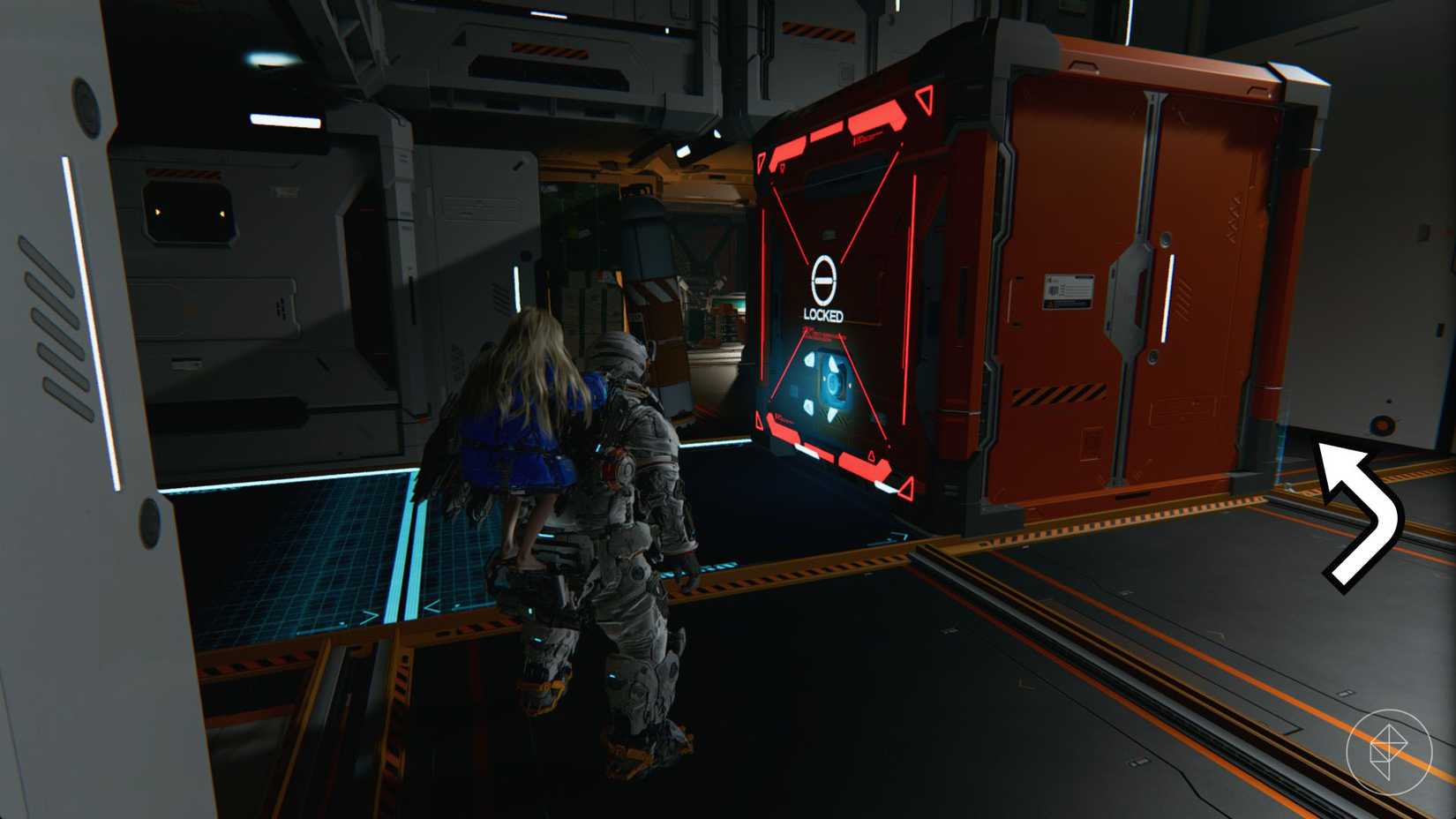 A man carrying a girl on his back standing beside a large orange container in Pragmata.