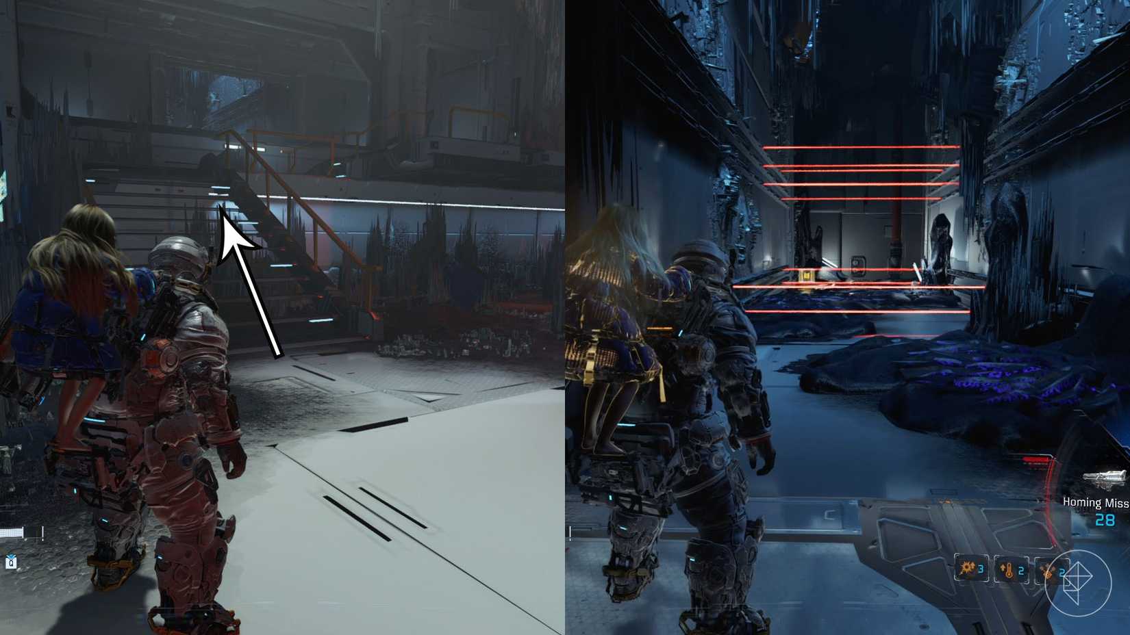 A man carrying a girl on his back looking toward a staircase and a hallway full of lasers in Pragmata.