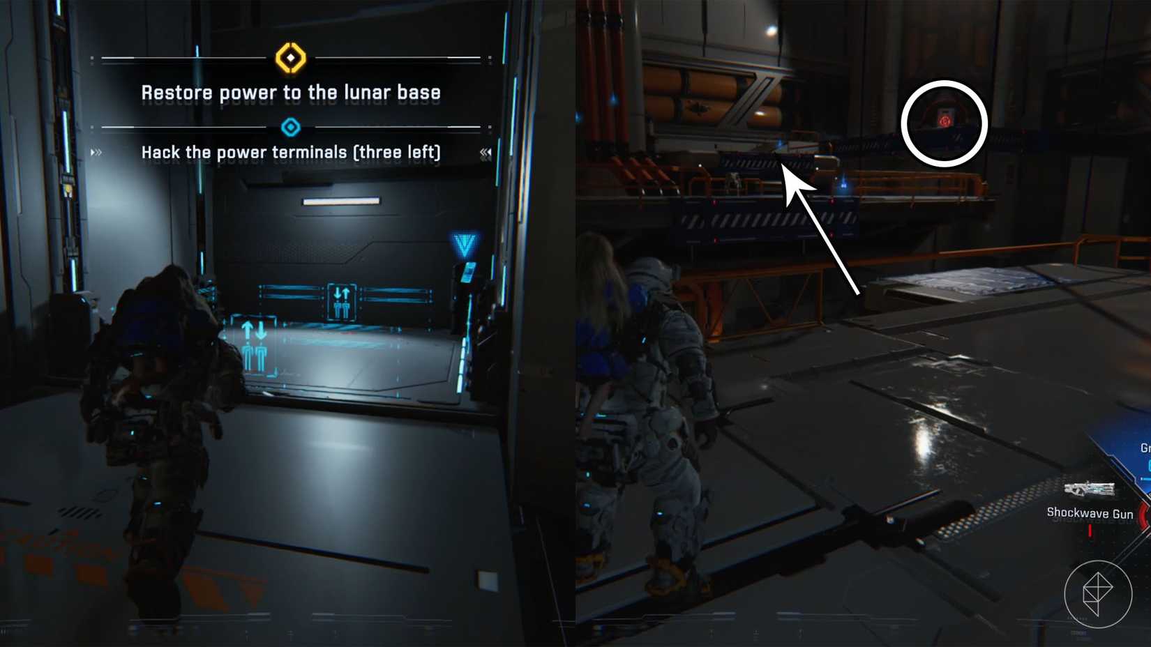 A man carrying a girl on his back moving toward an elevator and the same man standing across from multiple platforms and a red ring in the distance.