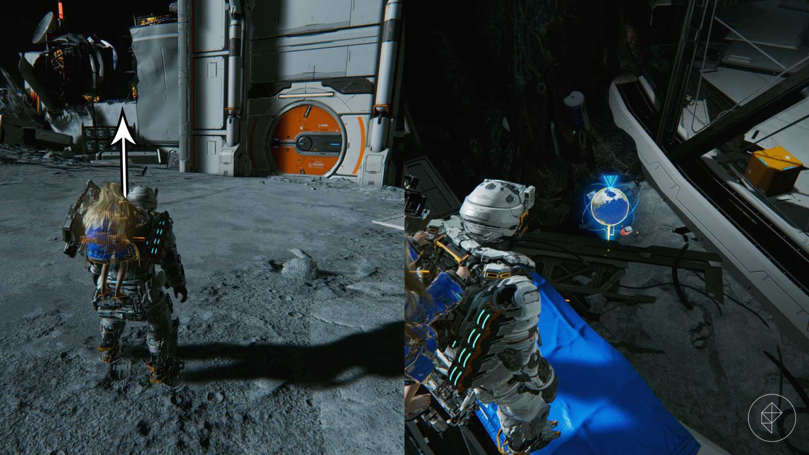 A man carrying a girl on his back looking toward a wall with an orange door and a holographic model of the Earth in Pragmata.