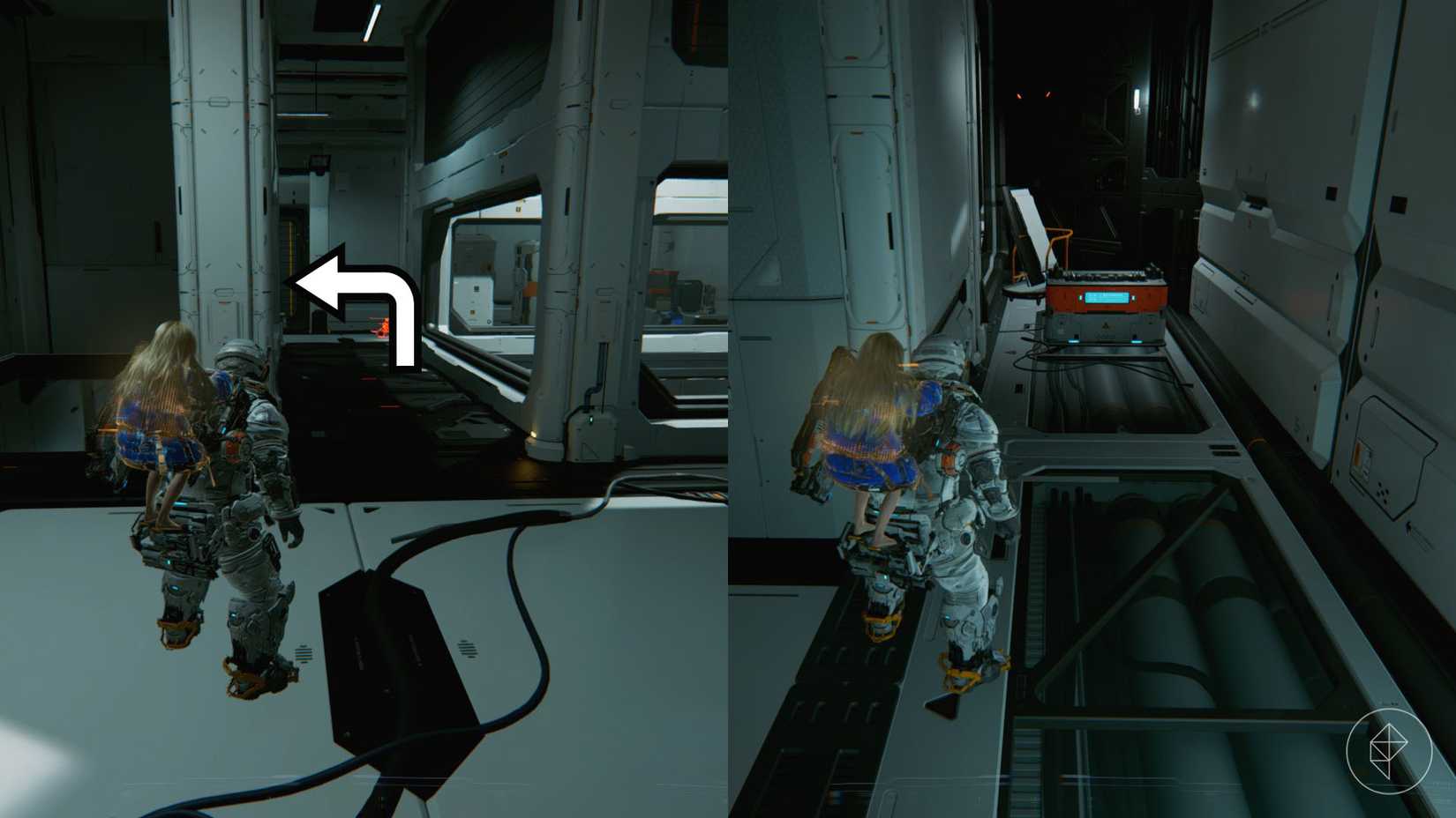 A man carrying a girl on his back in a futuristic building standing in front of a chest in Pragmata.