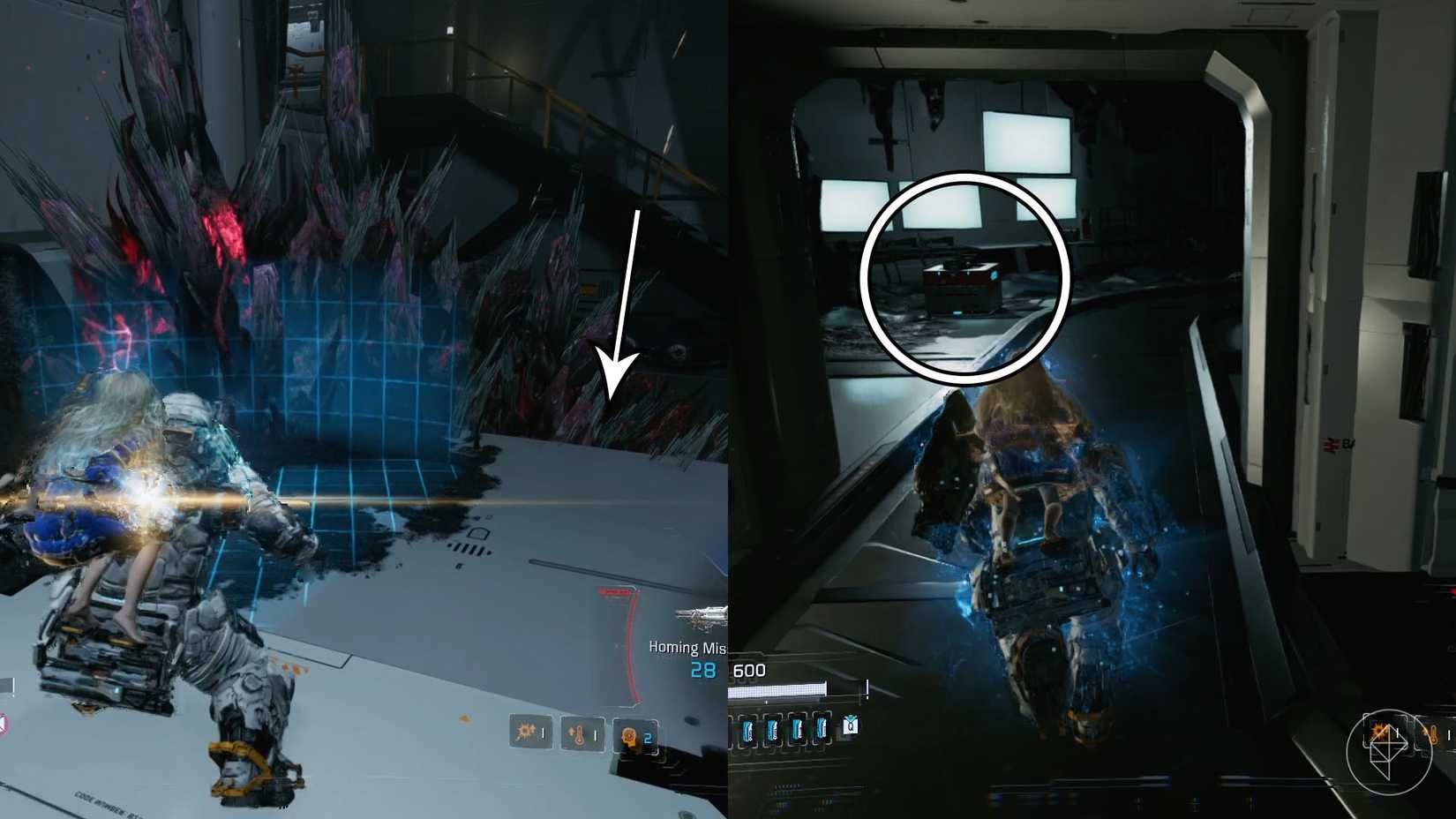 A girl on a man's back sending out a wave of energy toward black and blue spikes in Pragmata.